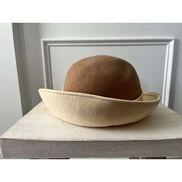 Mr. Charles Vintage Hat  Brown Tan 100% Wool Doeskin Felt Feather - Picture 3 of 9